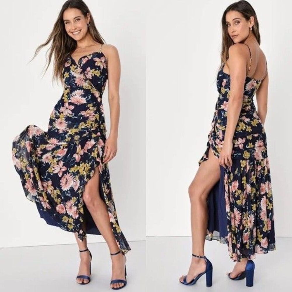 Lulus Stunning Soiree Ruched Midi Dress Navy Blue Floral Print Women Size S NEW